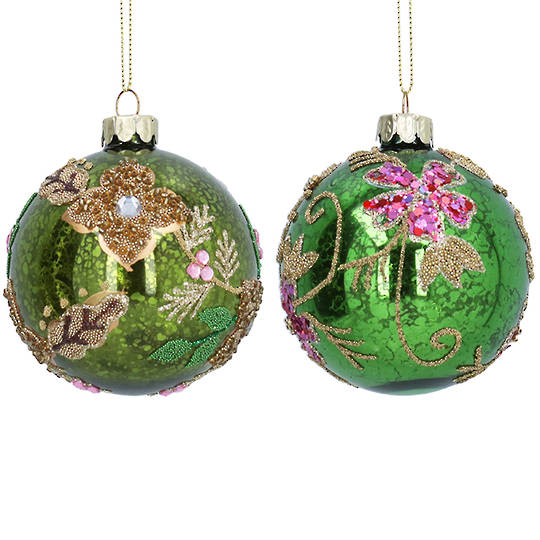 PRE-ORDER - Set 2, Glass Ball Antique Lime, Floral 8cm *ETA NOV